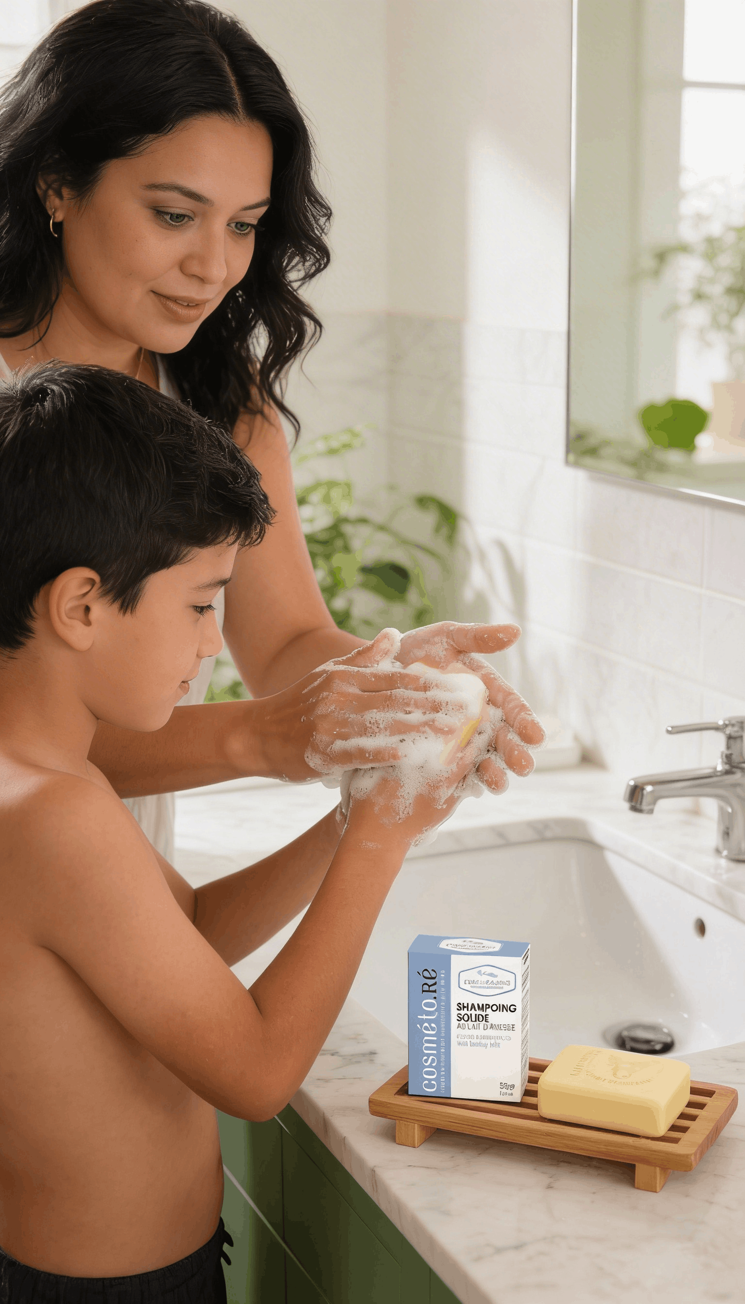 Mère montrant à son fils comment utiliser le savon au lait d'ânesse