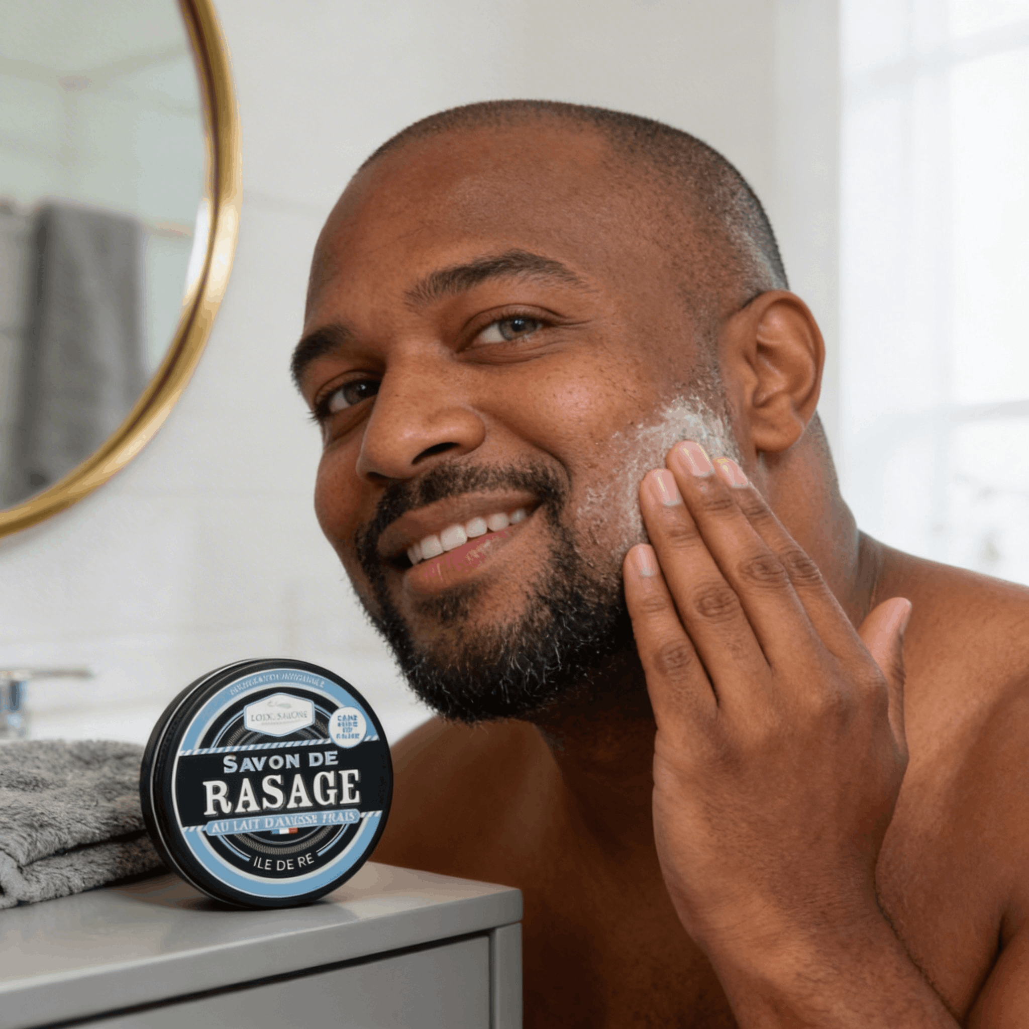 Homme à peau sensible après rasage doux au savon au lait d'ânesse