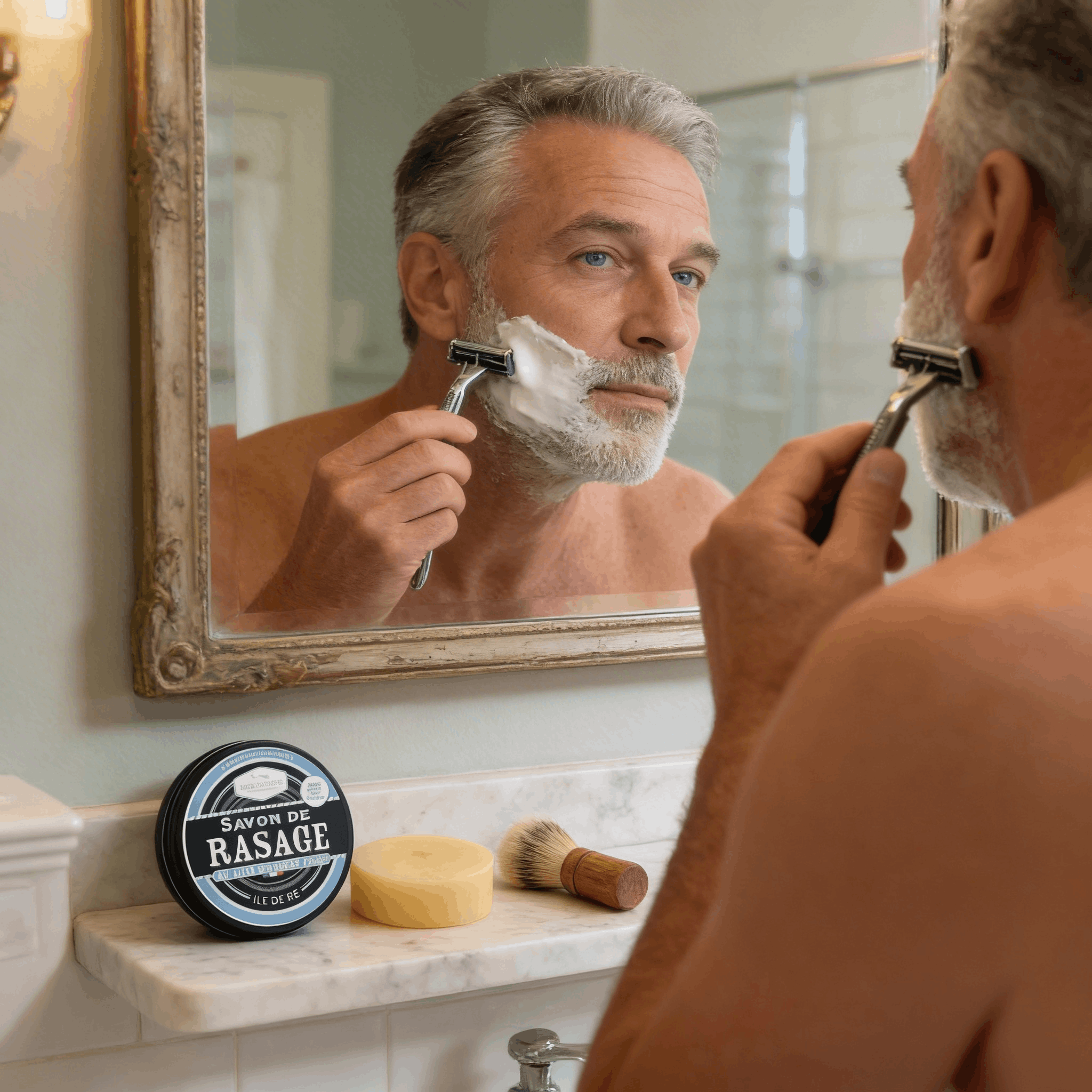 Homme mature se rasant avec le savon à barbe au lait d'ânesse