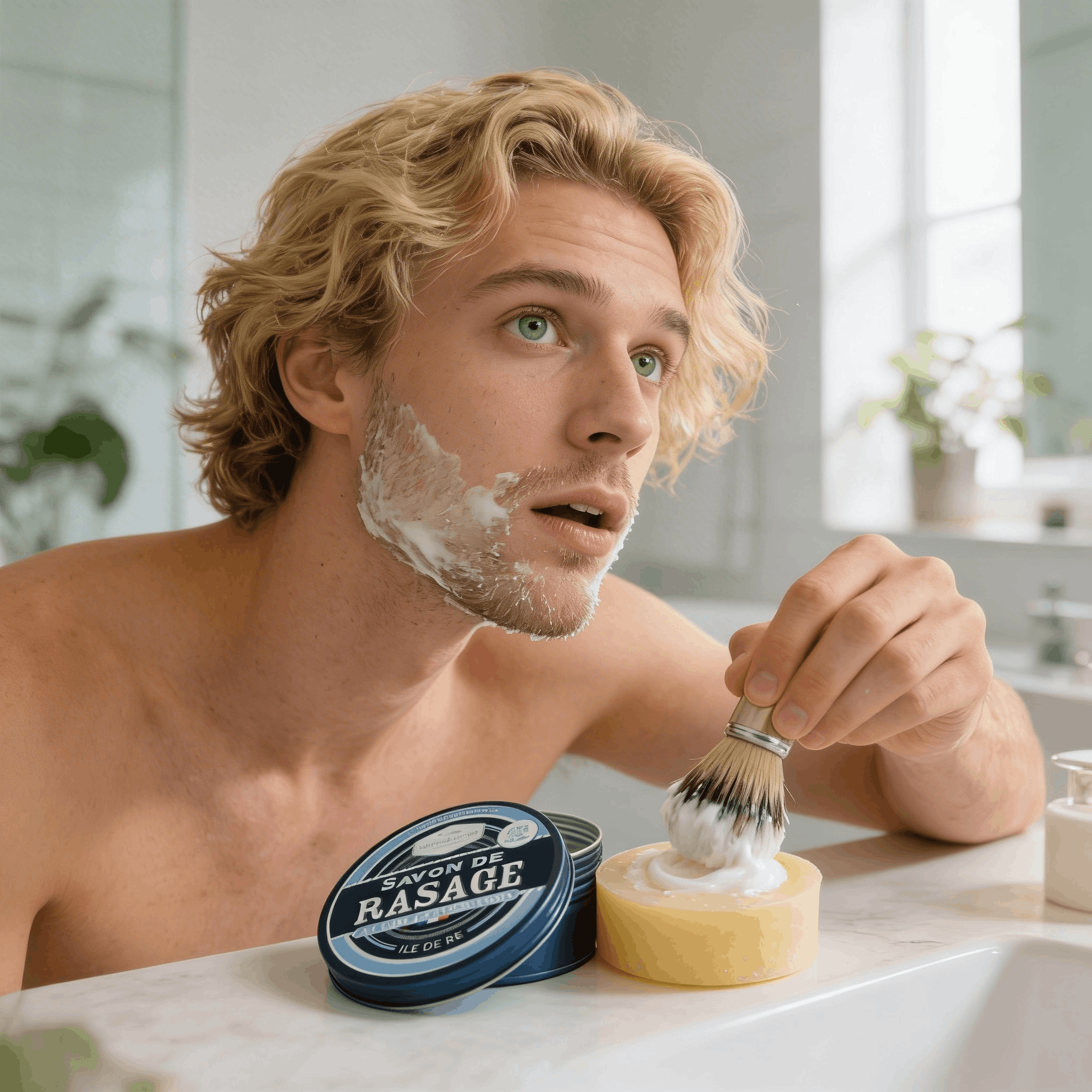 Jeune homme faisant monter la mousse sur le savon à barbe au lait d'ânesse