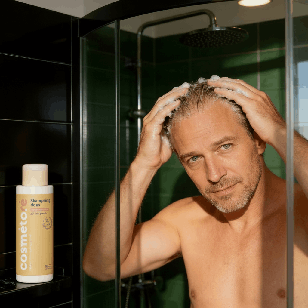 Homme massant le shampoing doux sur son cuir chevelu sensible