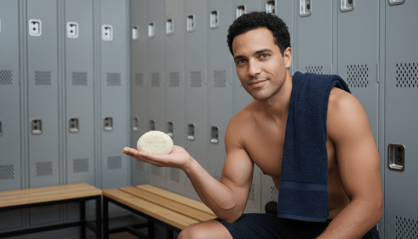 Homme sportif tenant un shampoing solide galet blanc crème au lait d'ânesse