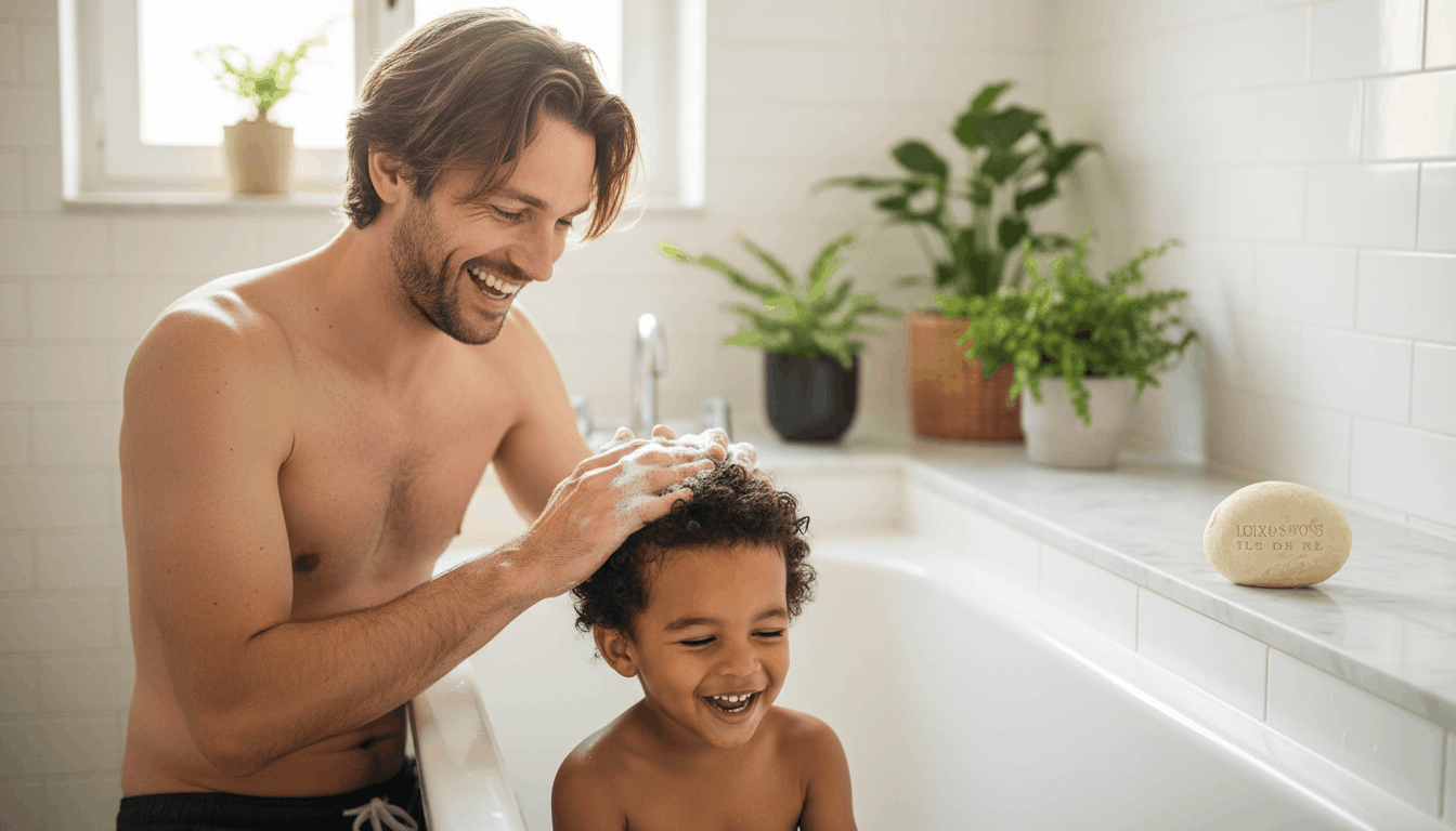 Père lavant les cheveux de son fils avec un shampoing solide galet au lait d'ânesse