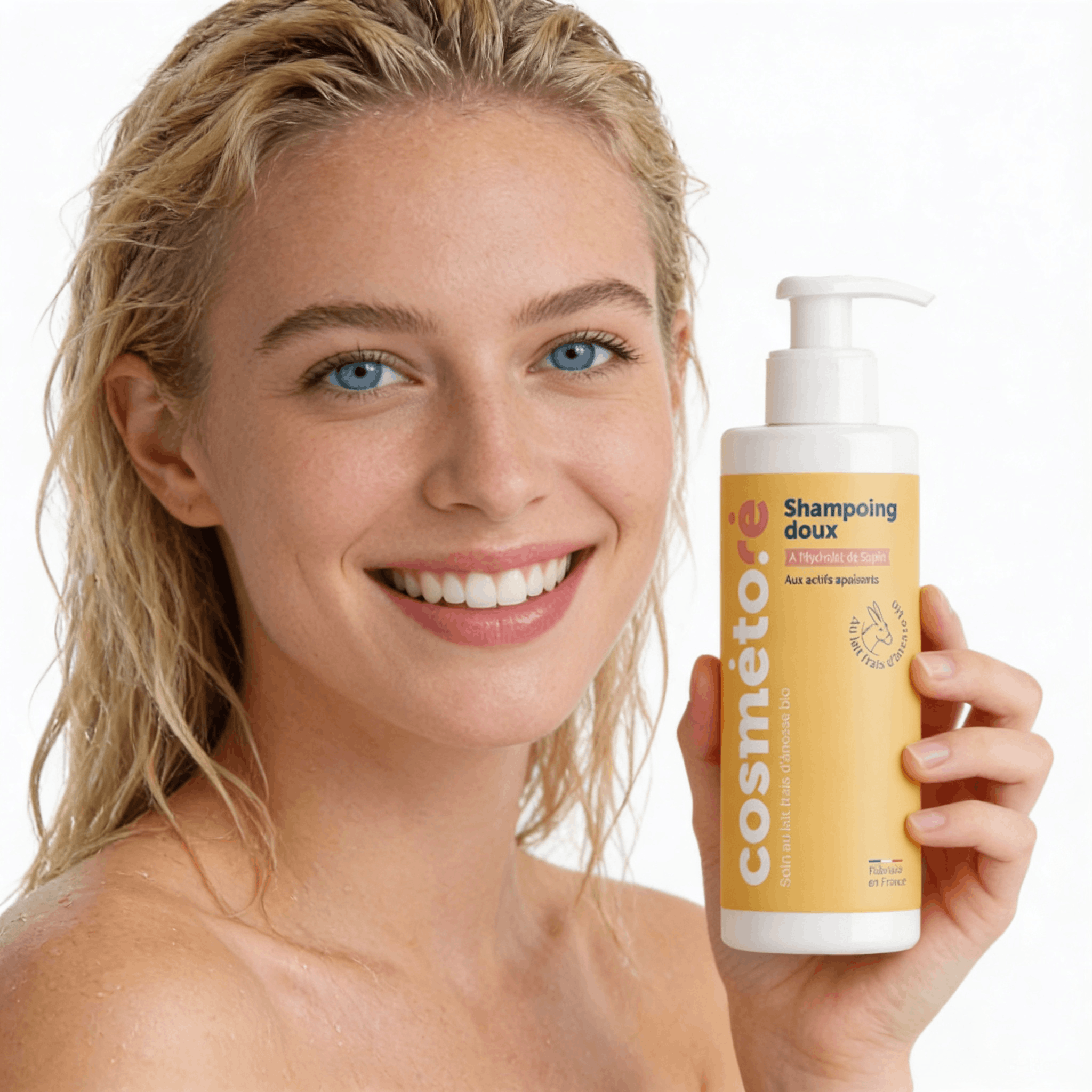 Femme tenant le shampoing doux au lait d'ânesse