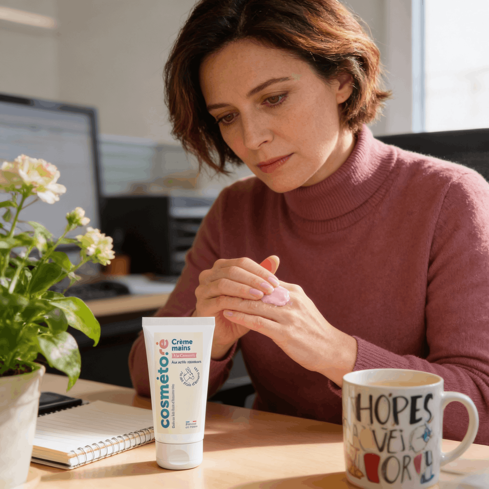 Femme appliquant la crème mains bio au lait d'ânesse