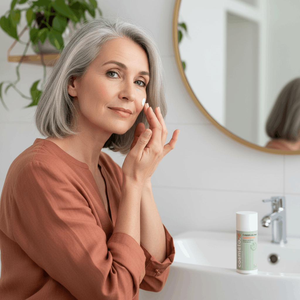 Femme appliquant la crème de jour au lait d'ânesse sur son visage
