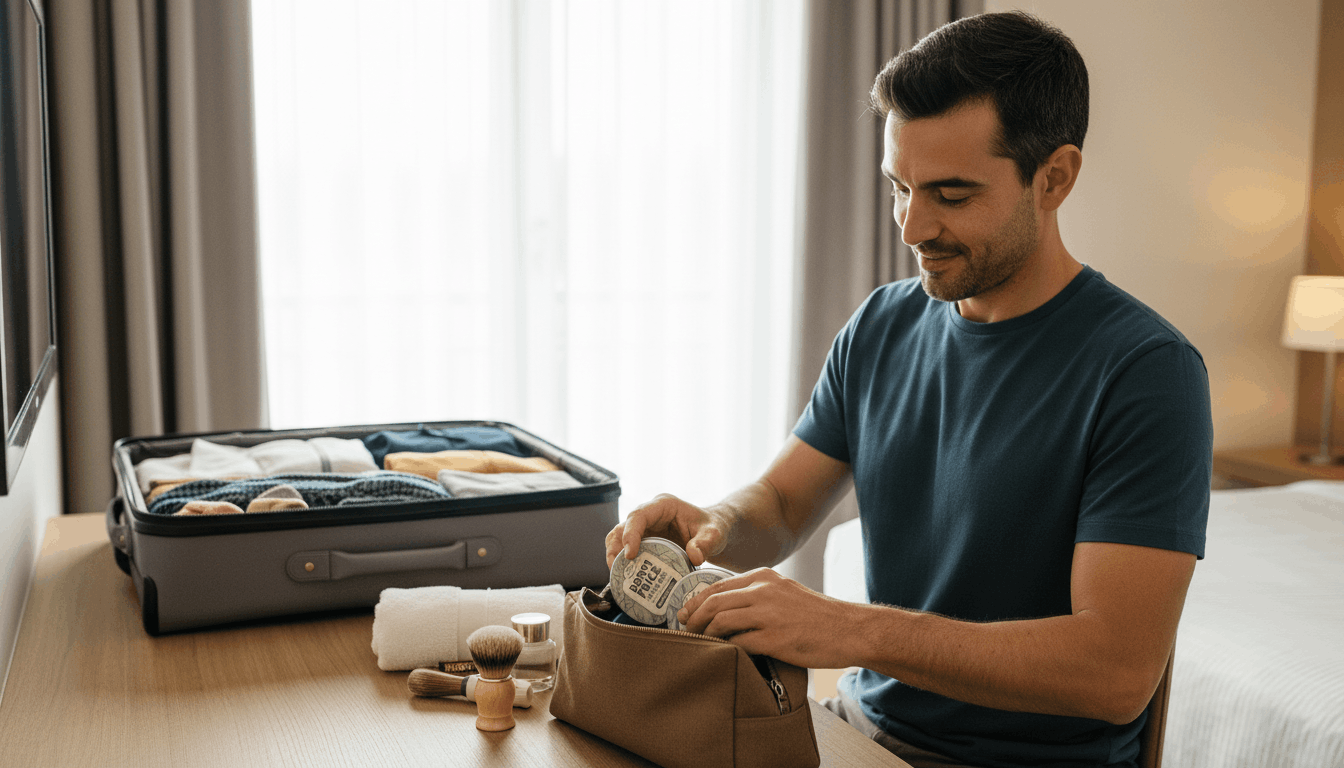 Homme rangeant ses dentifrices solides dans sa trousse de voyage