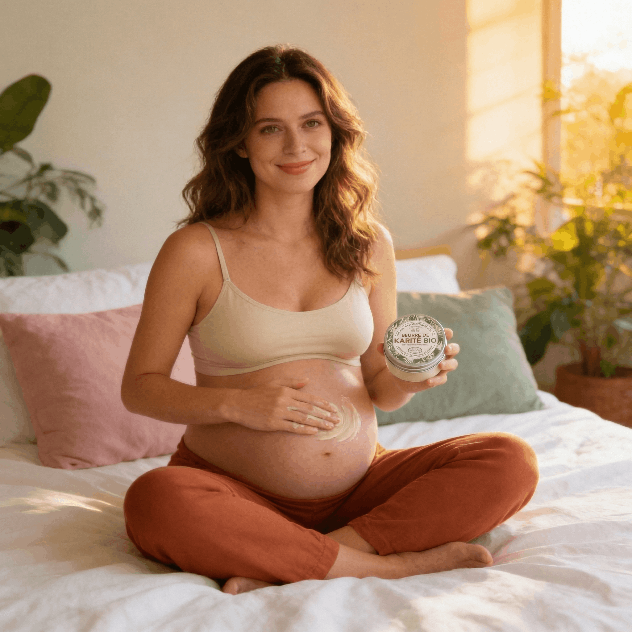 Femme enceinte appliquant du beurre de karité bio sur son ventre