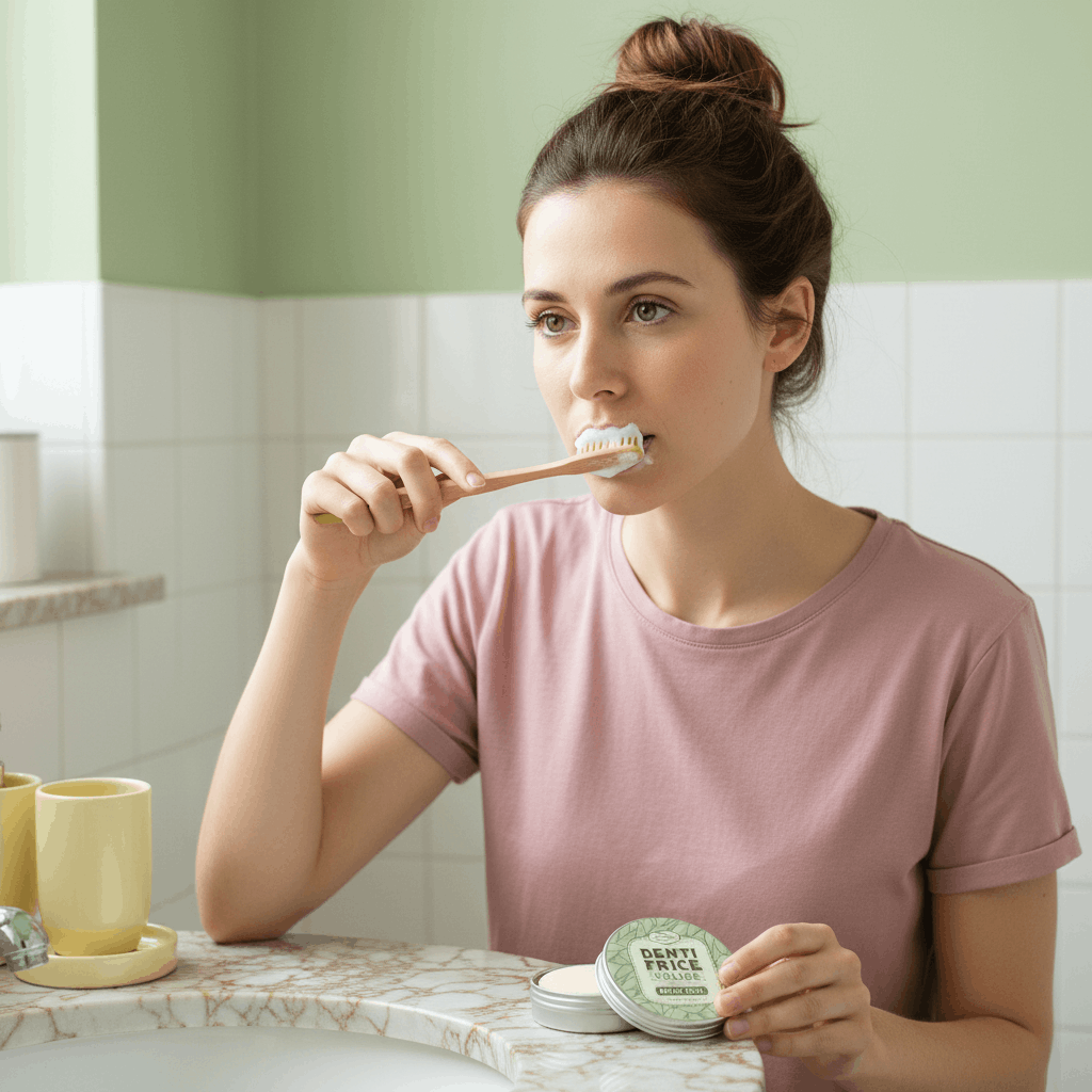 Jeune femme se brossant les dents avec un dentifrice solide
