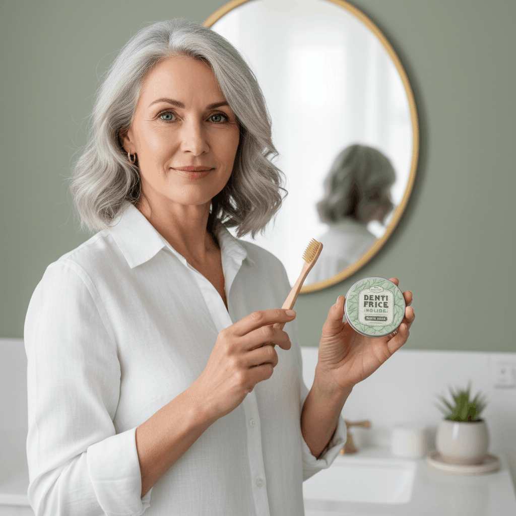 Femme mature tenant un dentifrice solide au charbon