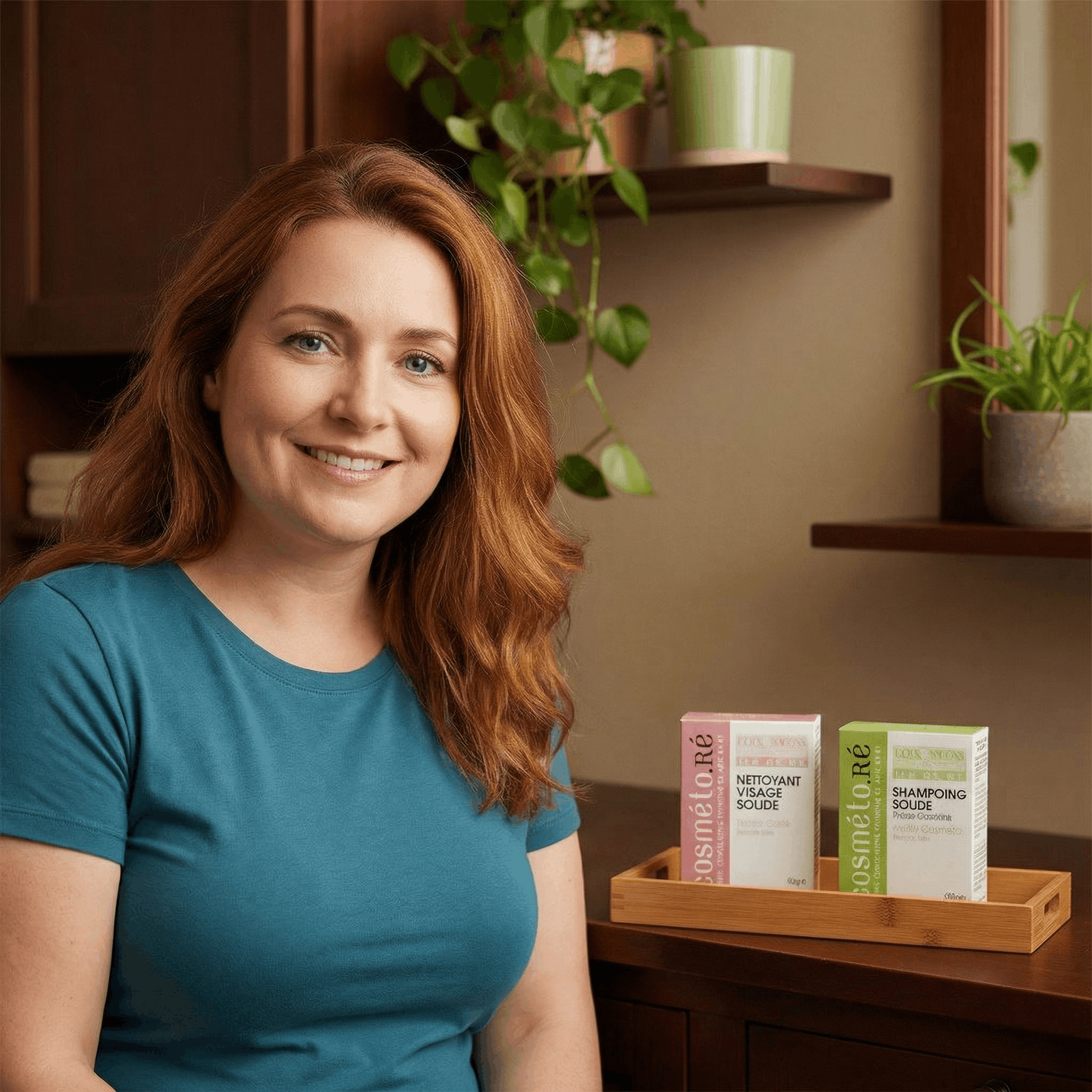 Femme organisant ses cosmétiques solides dans sa salle de bain