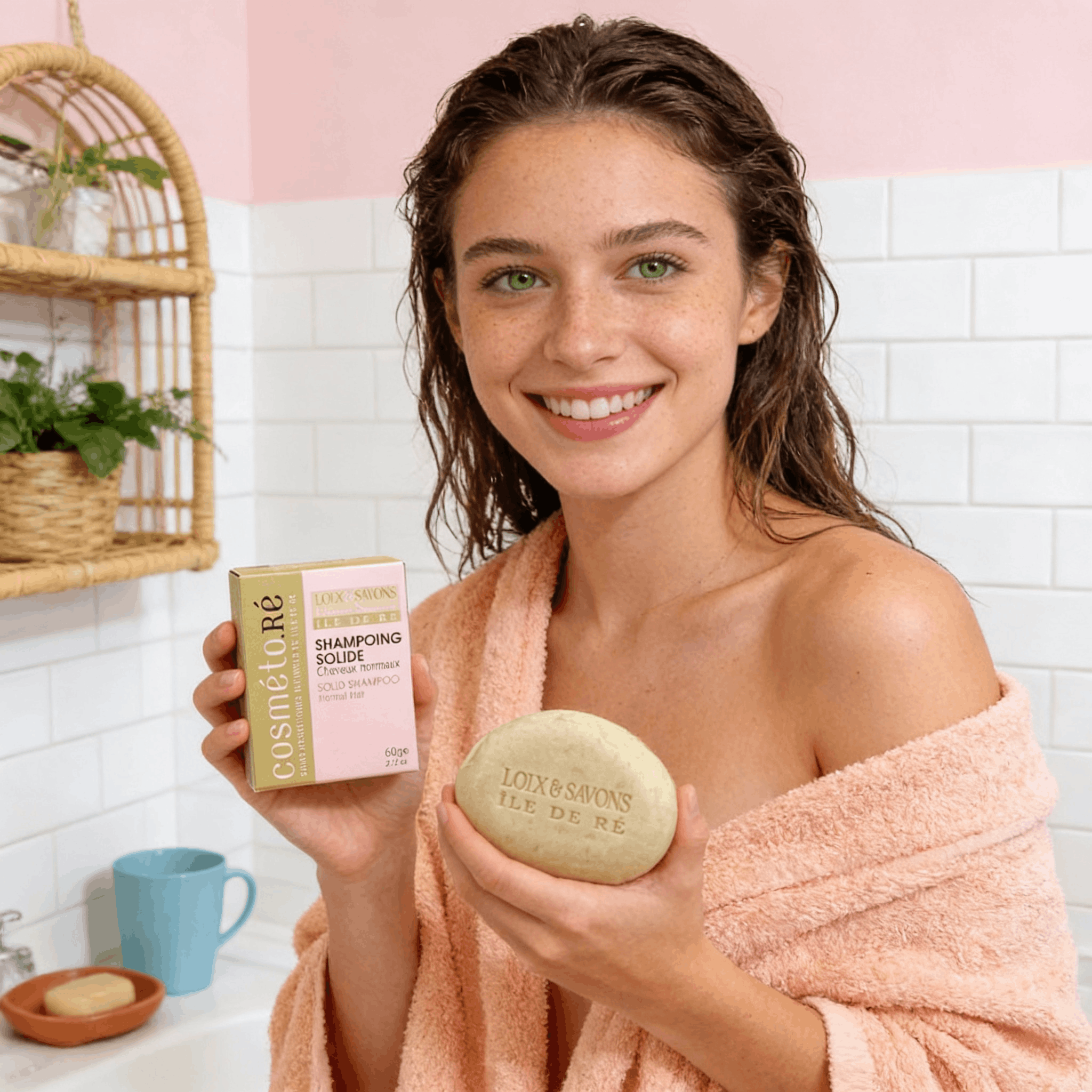 Jeune femme tenant un shampoing solide naturel