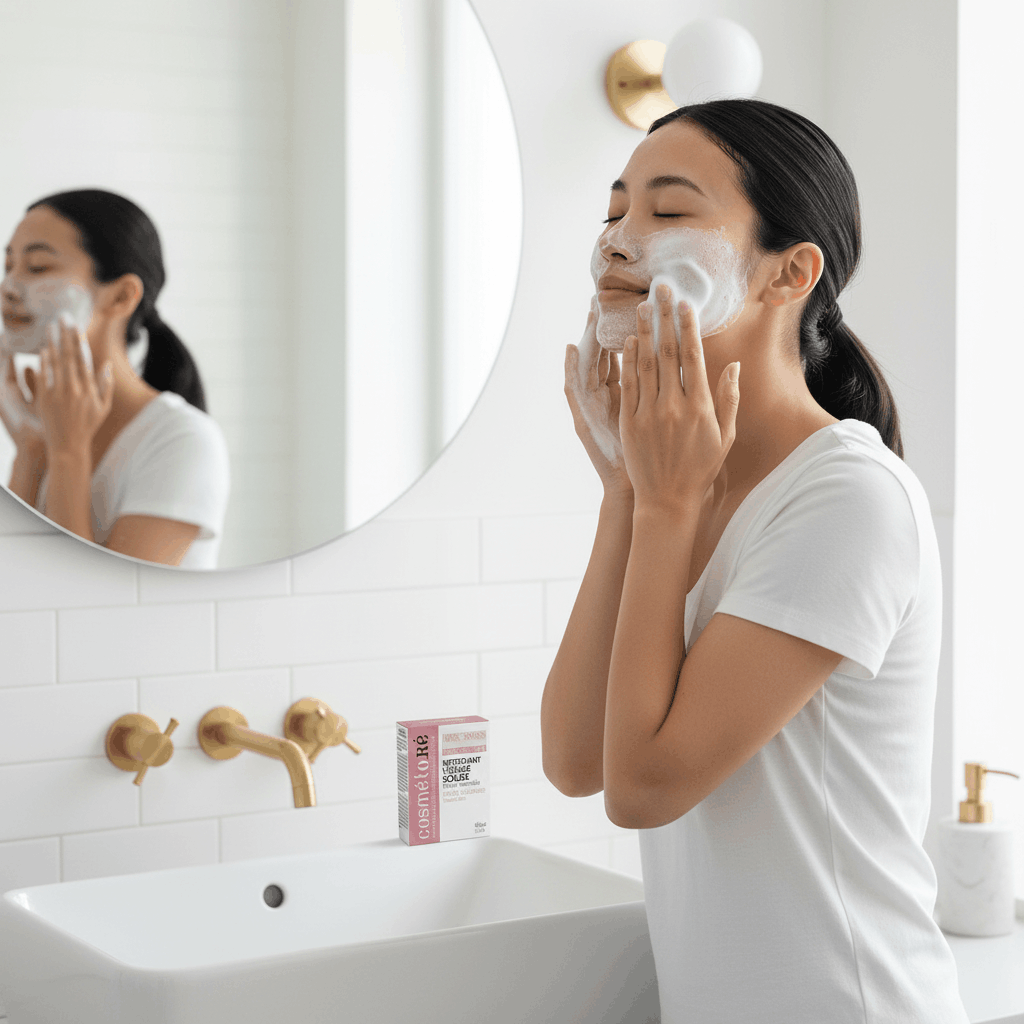 Jeune femme utilisant un nettoyant visage solide