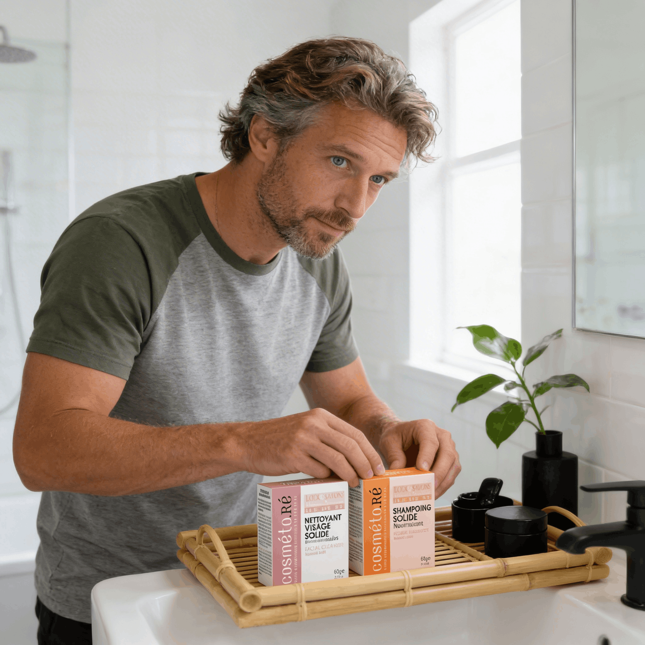 Homme organisant ses cosmétiques solides dans sa salle de bain