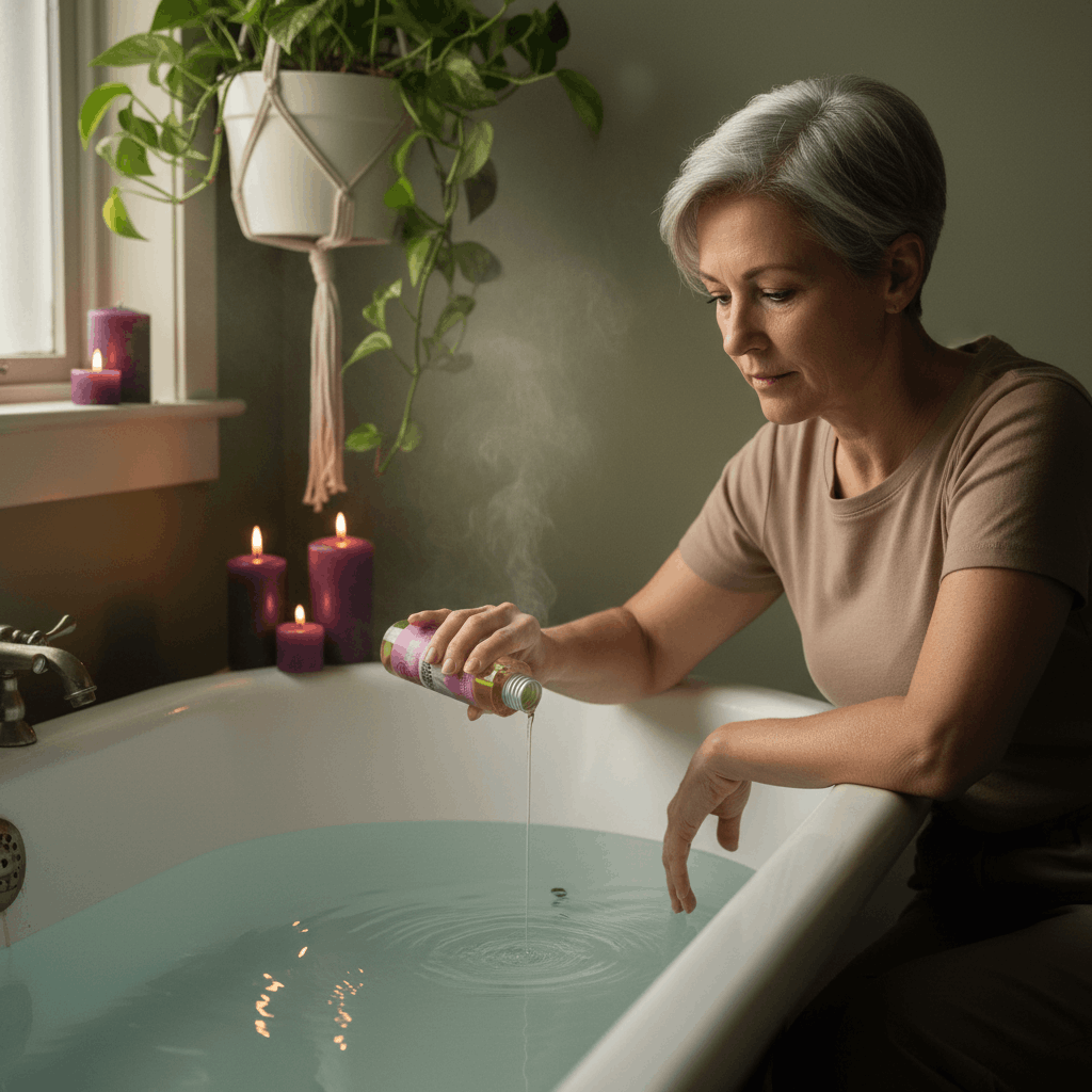 Femme ajoutant une huile parfumée dans son bain