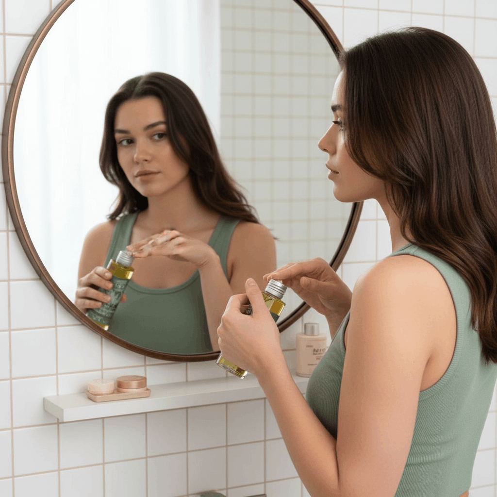 Jeune femme appliquant une huile sèche sur ses pointes de cheveux