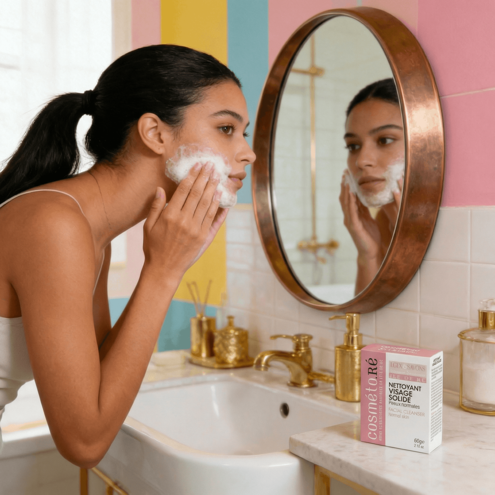 Jeune femme utilisant un nettoyant visage solide