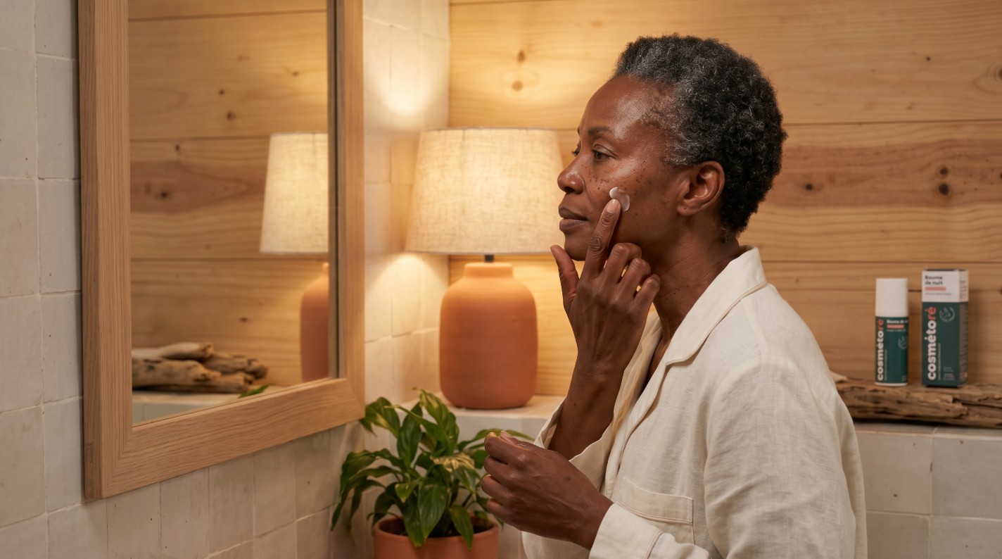 Femme mature appliquant le baume de nuit au lait d'ânesse sur son visage le soir, ambiance cocooning