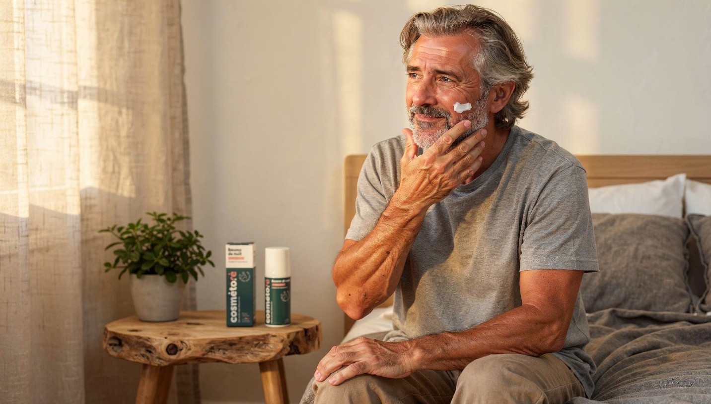 Homme mature appliquant le baume de nuit au lait d'ânesse sur son visage