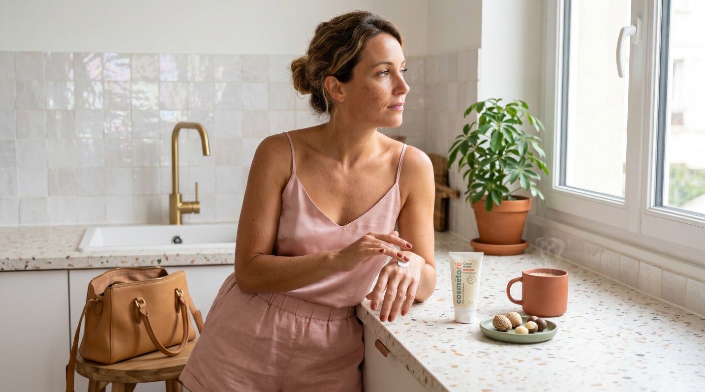 Femme active creme mains karite macadamia cuisine moderne matin