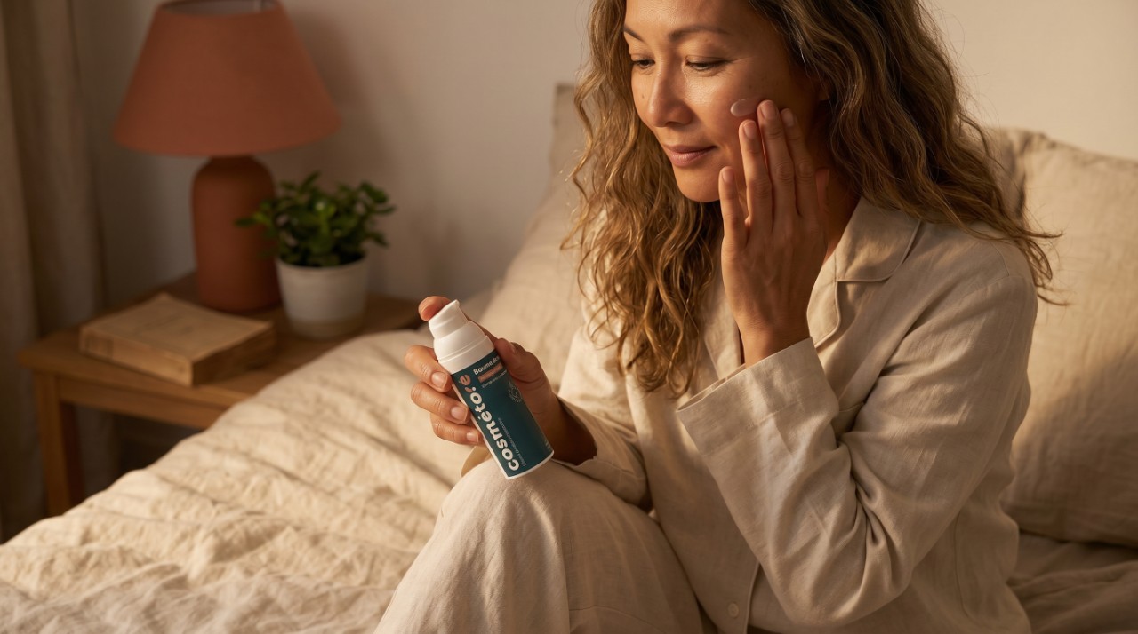 Femme appliquant le baume de nuit au lait d anesse dans sa routine du soir