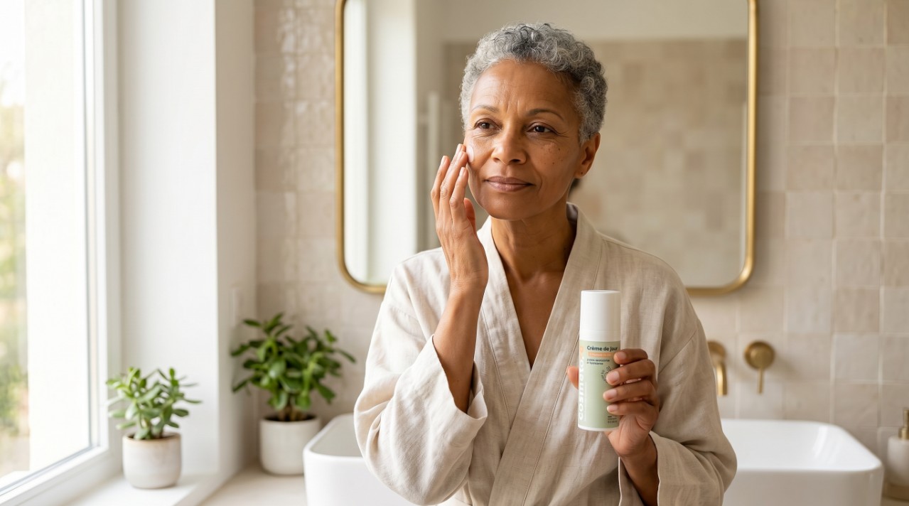 Femme appliquant la creme de jour au lait d anesse dans sa routine du matin