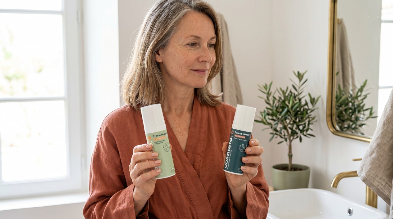 Pack creme de jour et baume de nuit au lait d anesse dans une salle de bain moderne ile de Re
