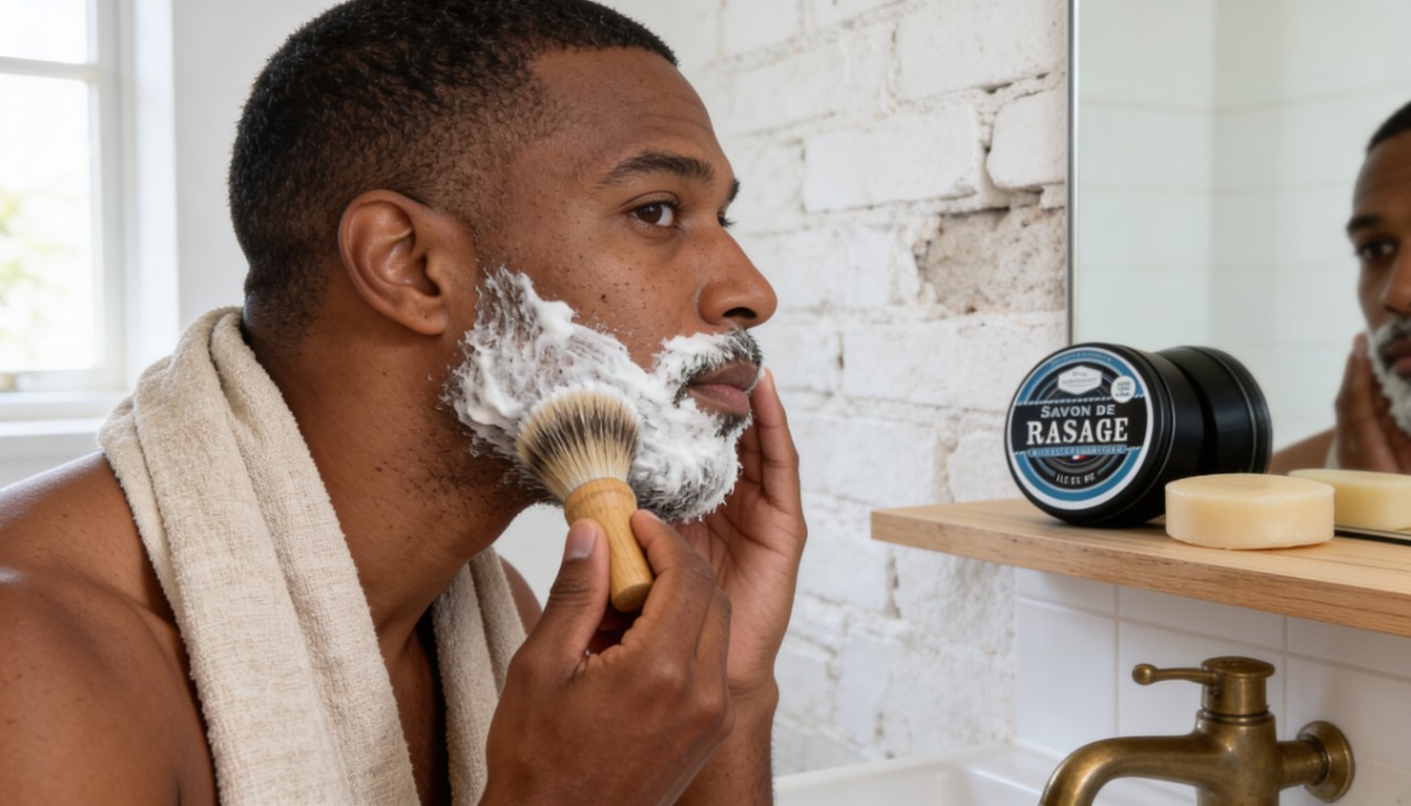 Homme rasage barbe savon lait d anesse salle de bain ile de re