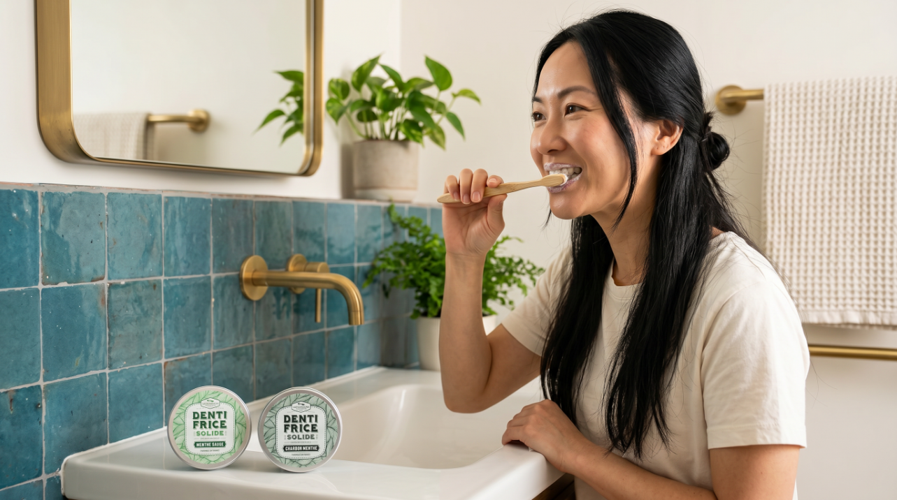 femme utilisant un dentifrice solide naturel devant son miroir