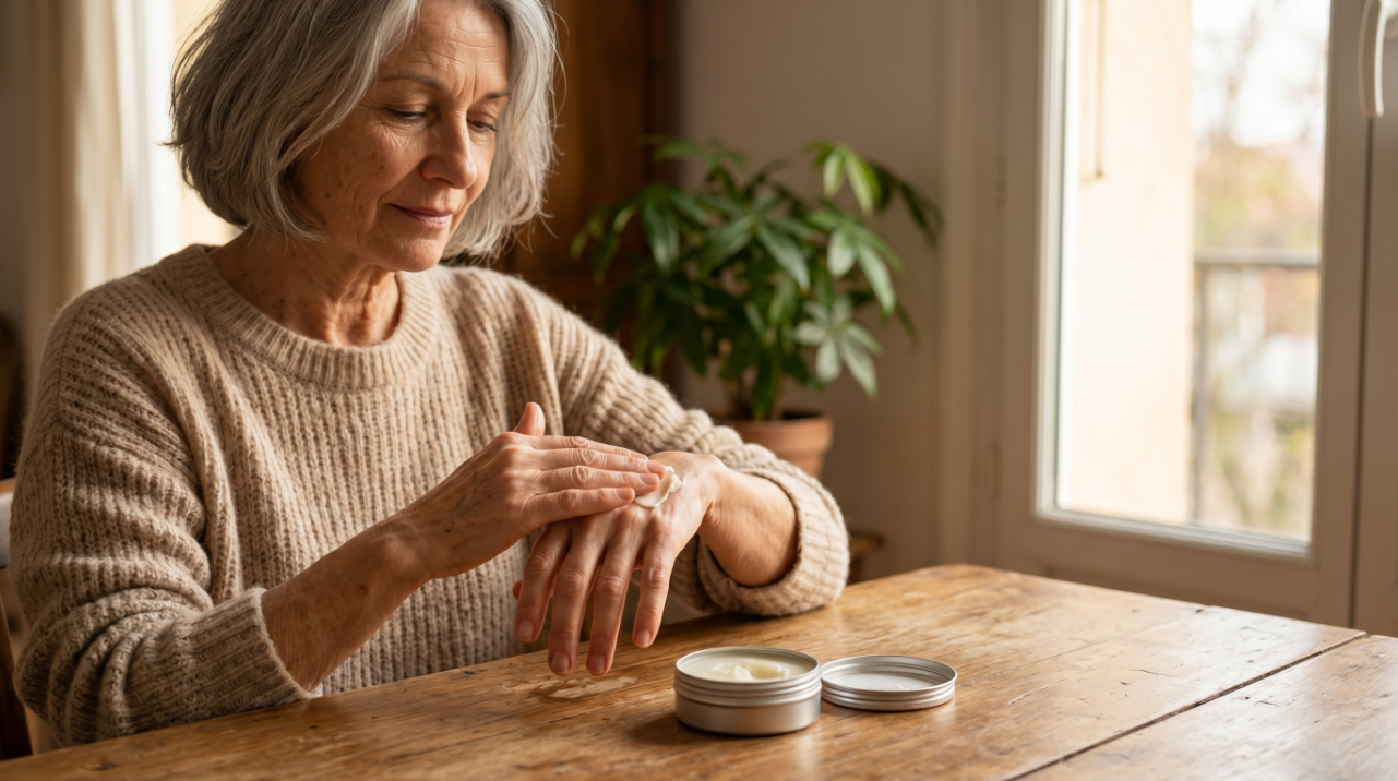 femme appliquant du beurre de karite bio sur ses mains