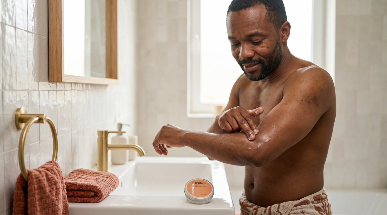 application de beurre de karite bio sur les jambes