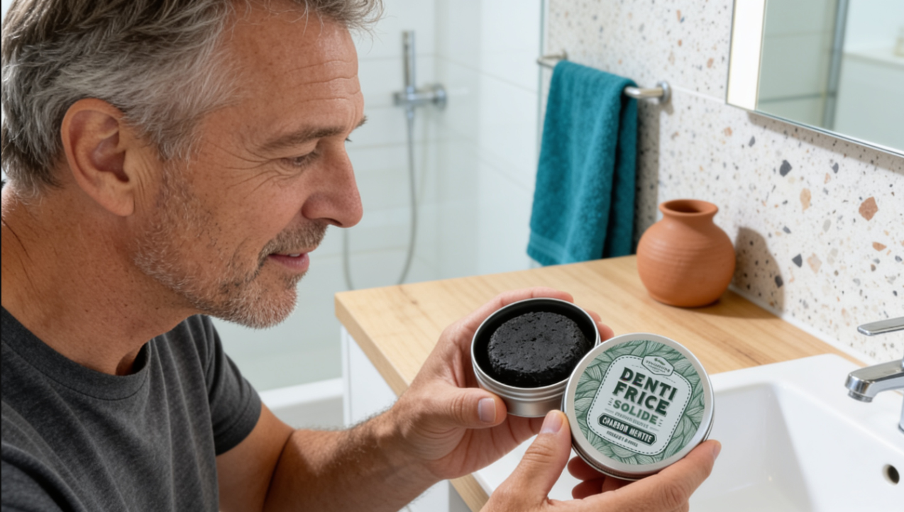 homme en salle de bain avec un dentifrice solide menthe charbon