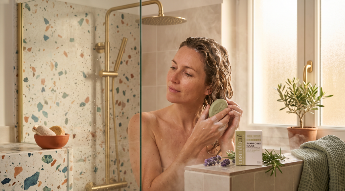 femme se lave les cheveux avec un shampoing solide vert sauge sous la douche interieure
