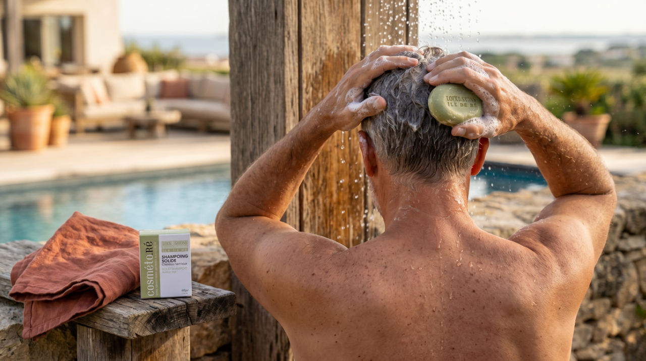 homme de dos se lave les cheveux sous une douche exterieure pres de la piscine