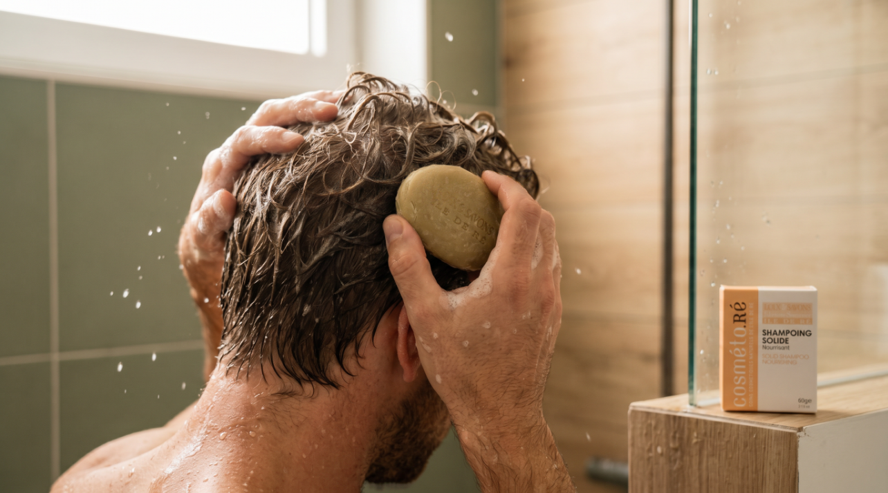 homme fait mousser shampoing solide nourrissant sous la douche
