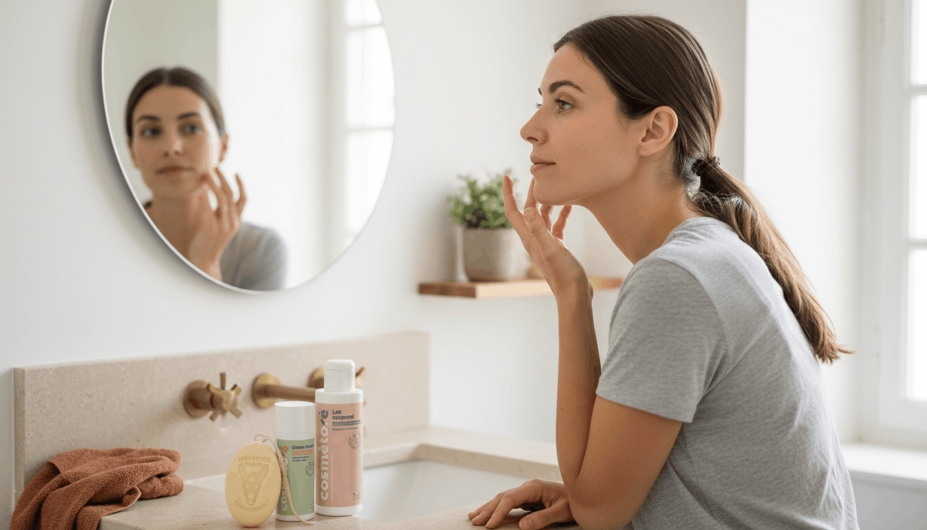 Femme appliquant une crème au lait d'ânesse dans sa salle de bain avec pack de soins