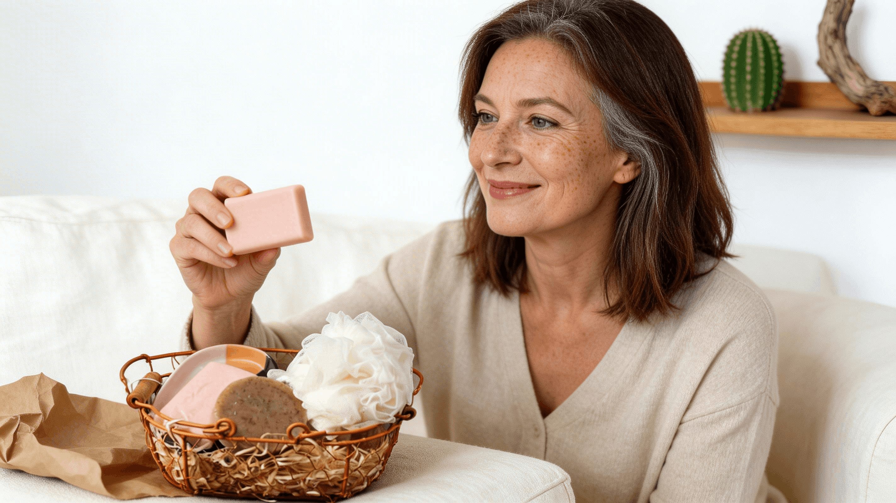 Femme ouvrant un coffret cadeau de savons artisanaux dans un panier garni