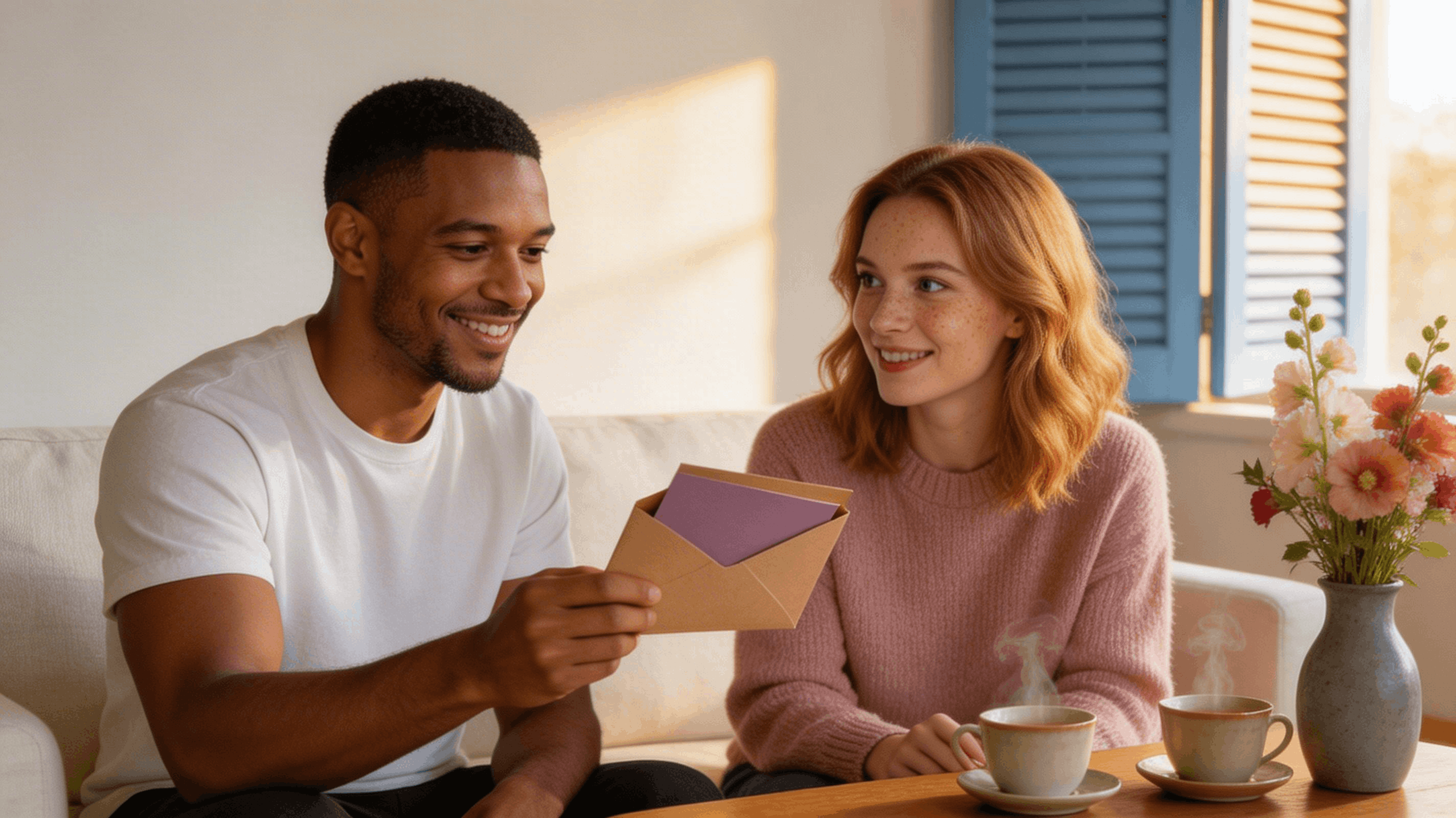 Jeune couple s'offrant une carte cadeau savonnerie artisanale dans un salon lumineux