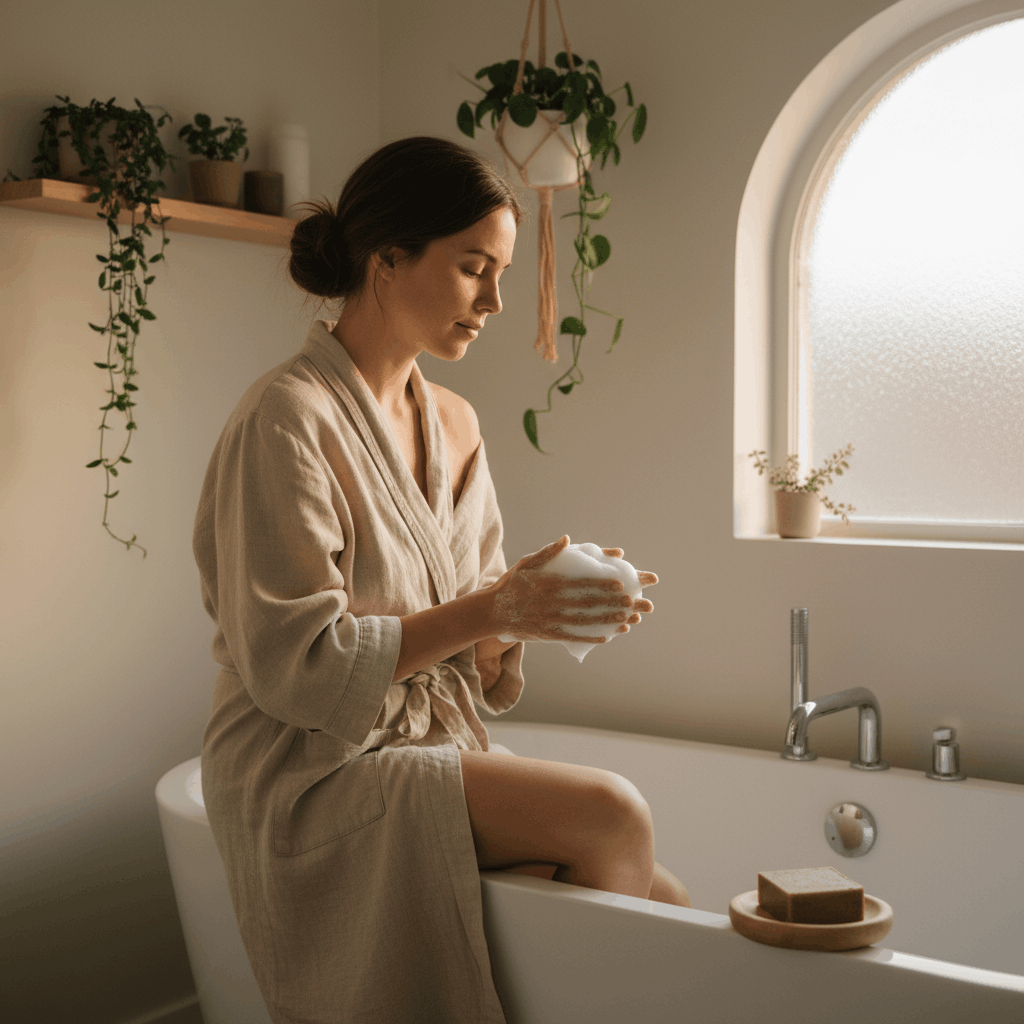 Femme faisant mousser savon d'Alep dans baignoire ile de Ré