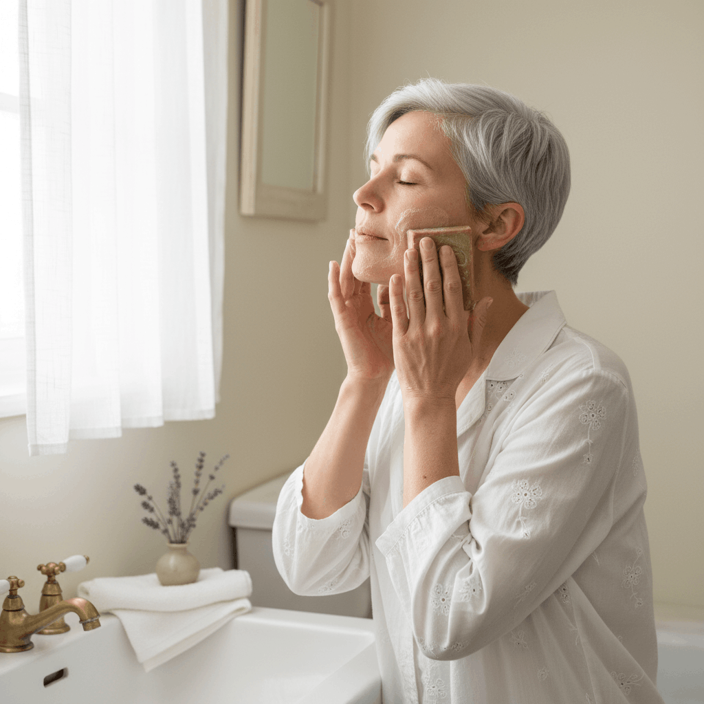 Femme aux cheveux argentés appliquant savon d'Alep 15% sur visage dans salle de bain