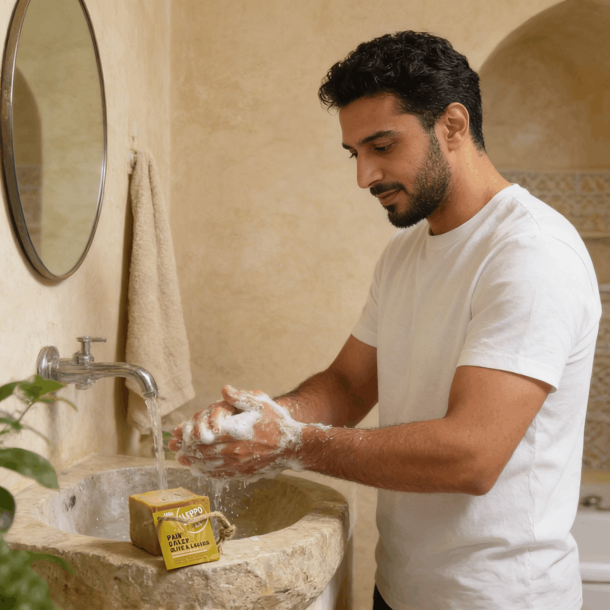 Homme se lavant les mains avec un pain d'Alep authentique