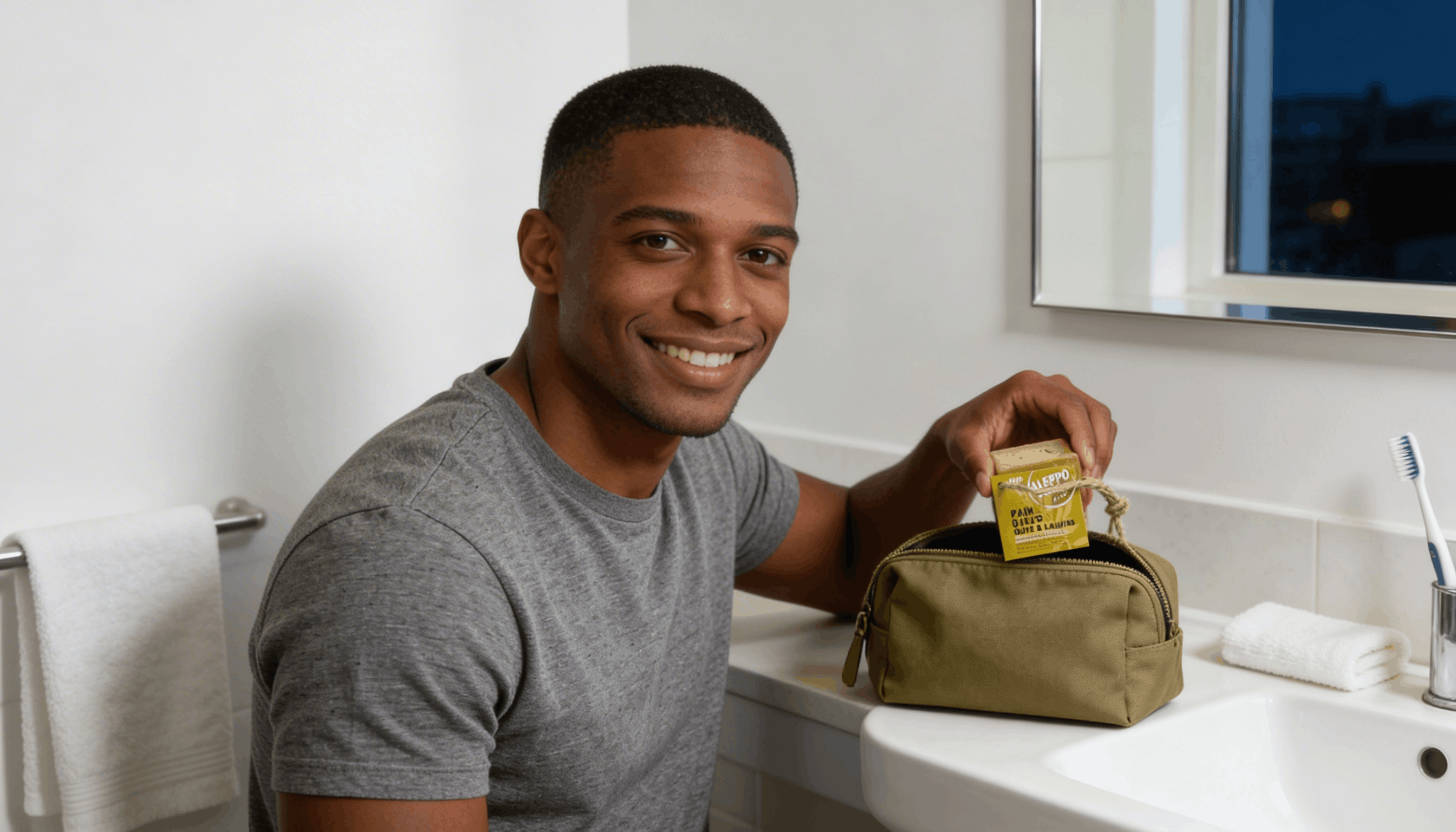 Homme sortant un pain d'Alep de sa trousse de voyage