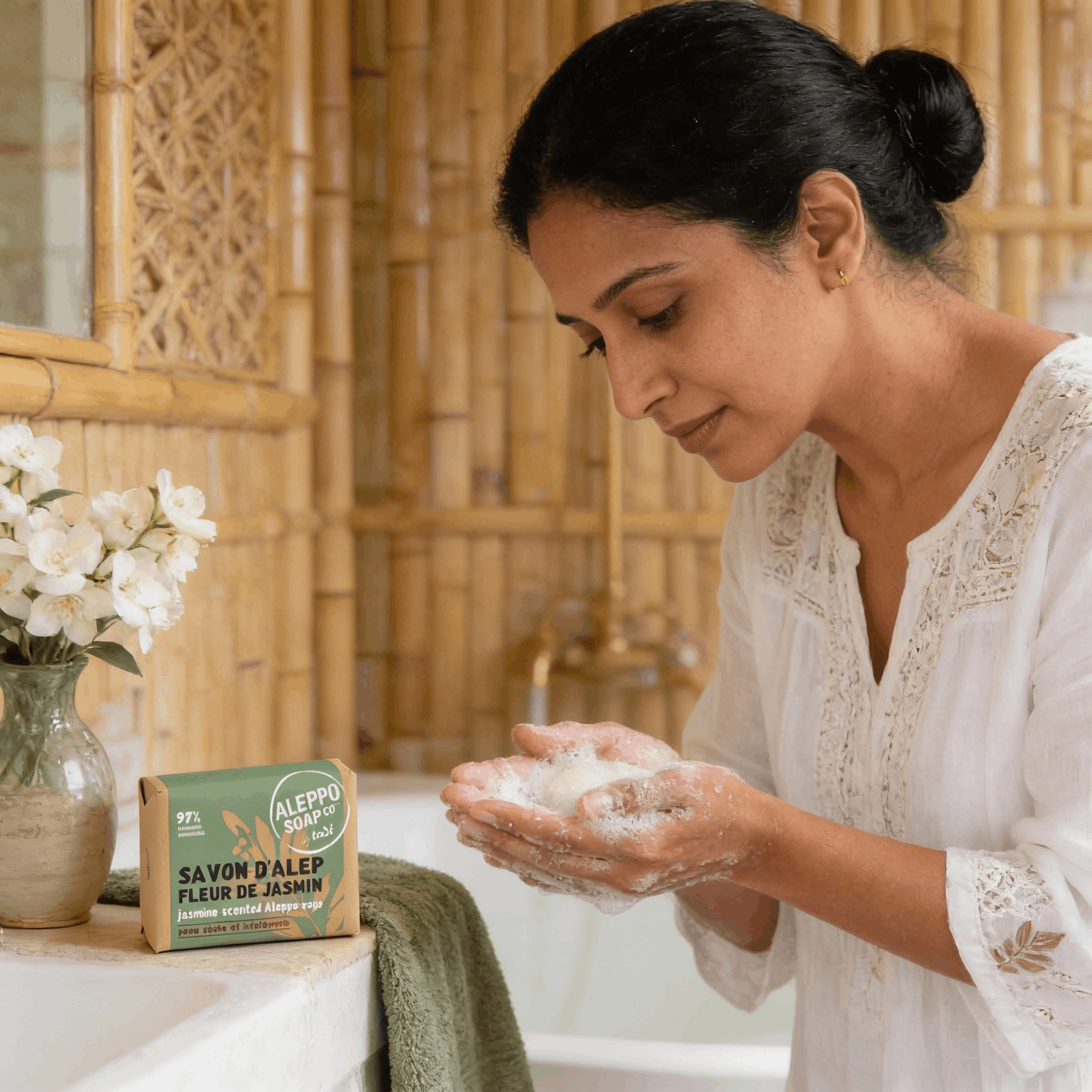 Femme indienne se lavant les mains avec un savon d'Alep fleur de jasmin