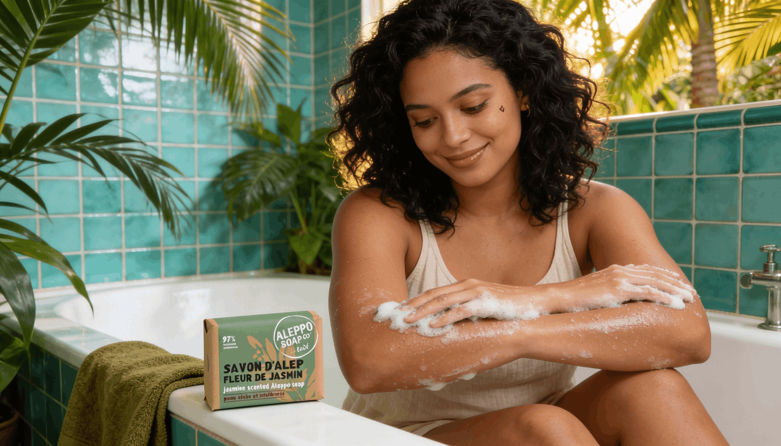 Femme métisse se lavant les bras avec un savon d'Alep fleur de jasmin