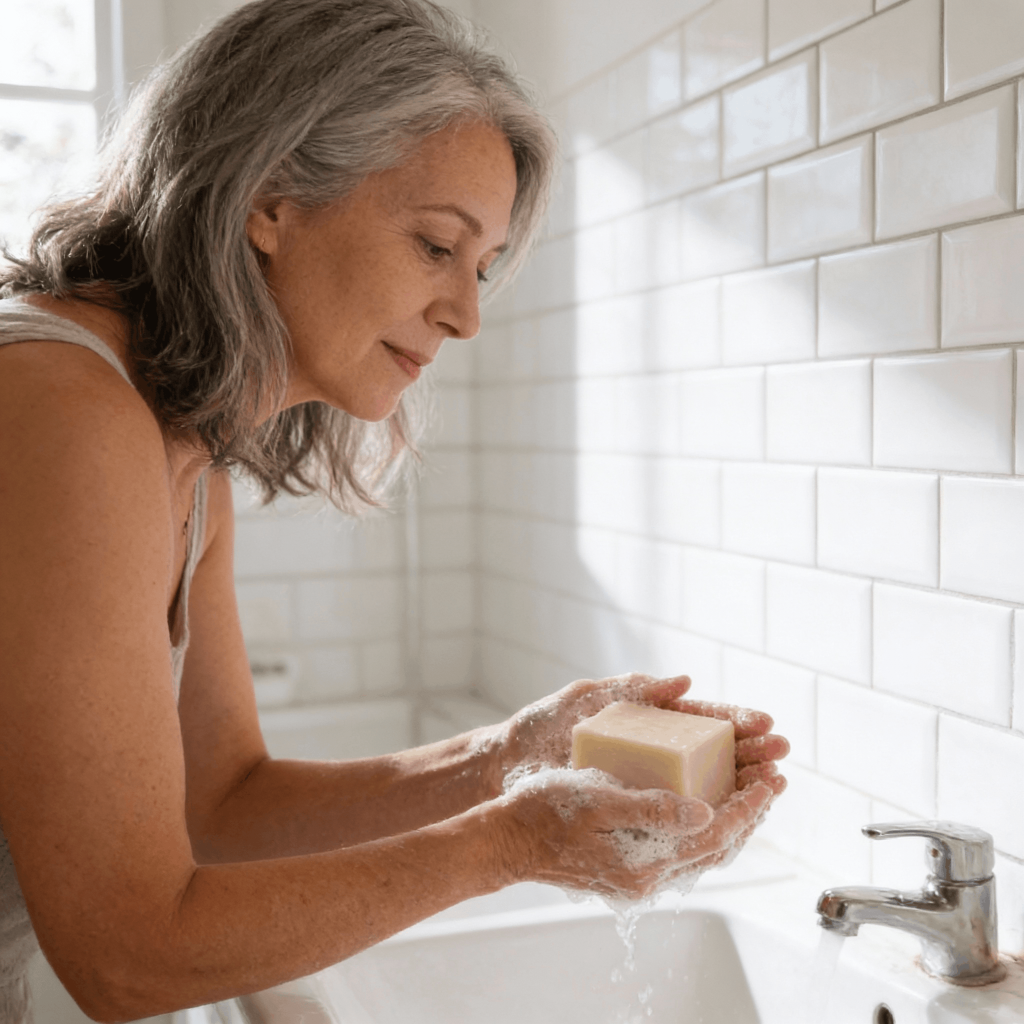 Femme se lavant les mains avec savon à l'huile d'argan
