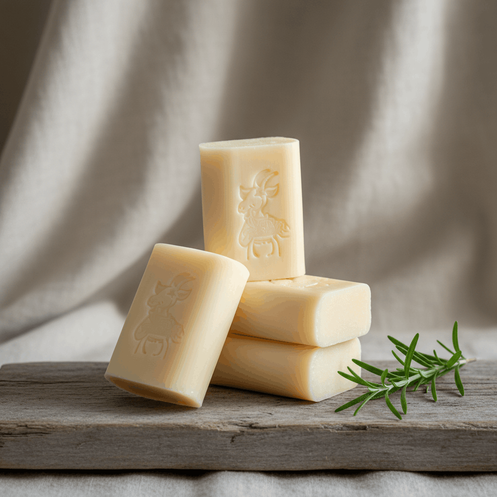 Lot de 3 savons au lait de chèvre frais 100g empilés sur planche en bois flotté avec brin de romarin