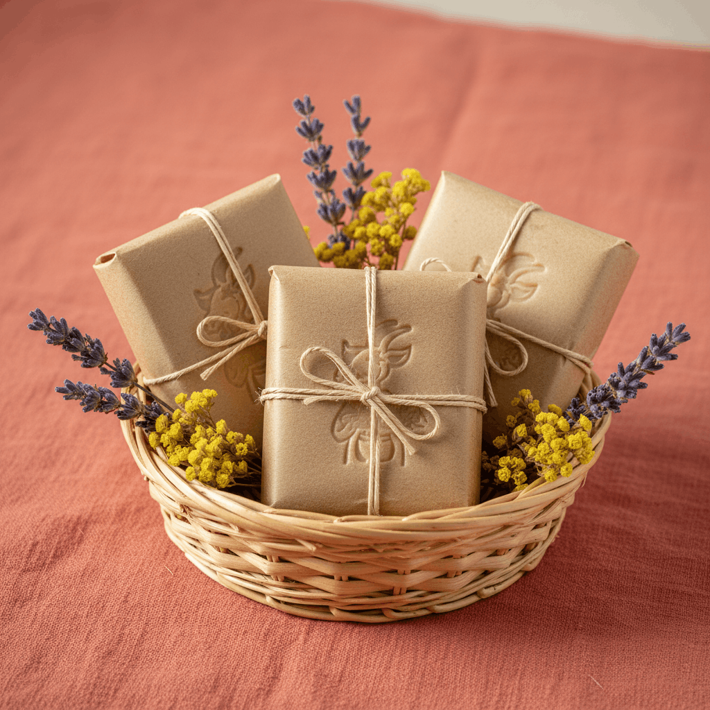 Trois savons lait de chèvre emballés dans papier kraft