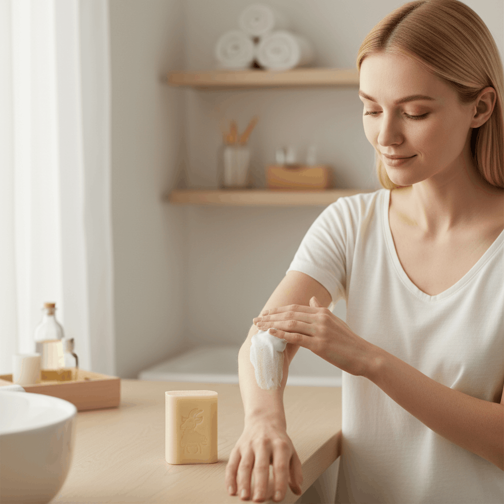 Femme peau sensible cheveux blond vénitien applique savon sur bras salle de bain épurée