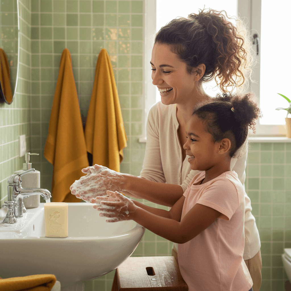 Mère brune cheveux bouclés et fille couettes se lavent les mains savon salle de bain zellige vert