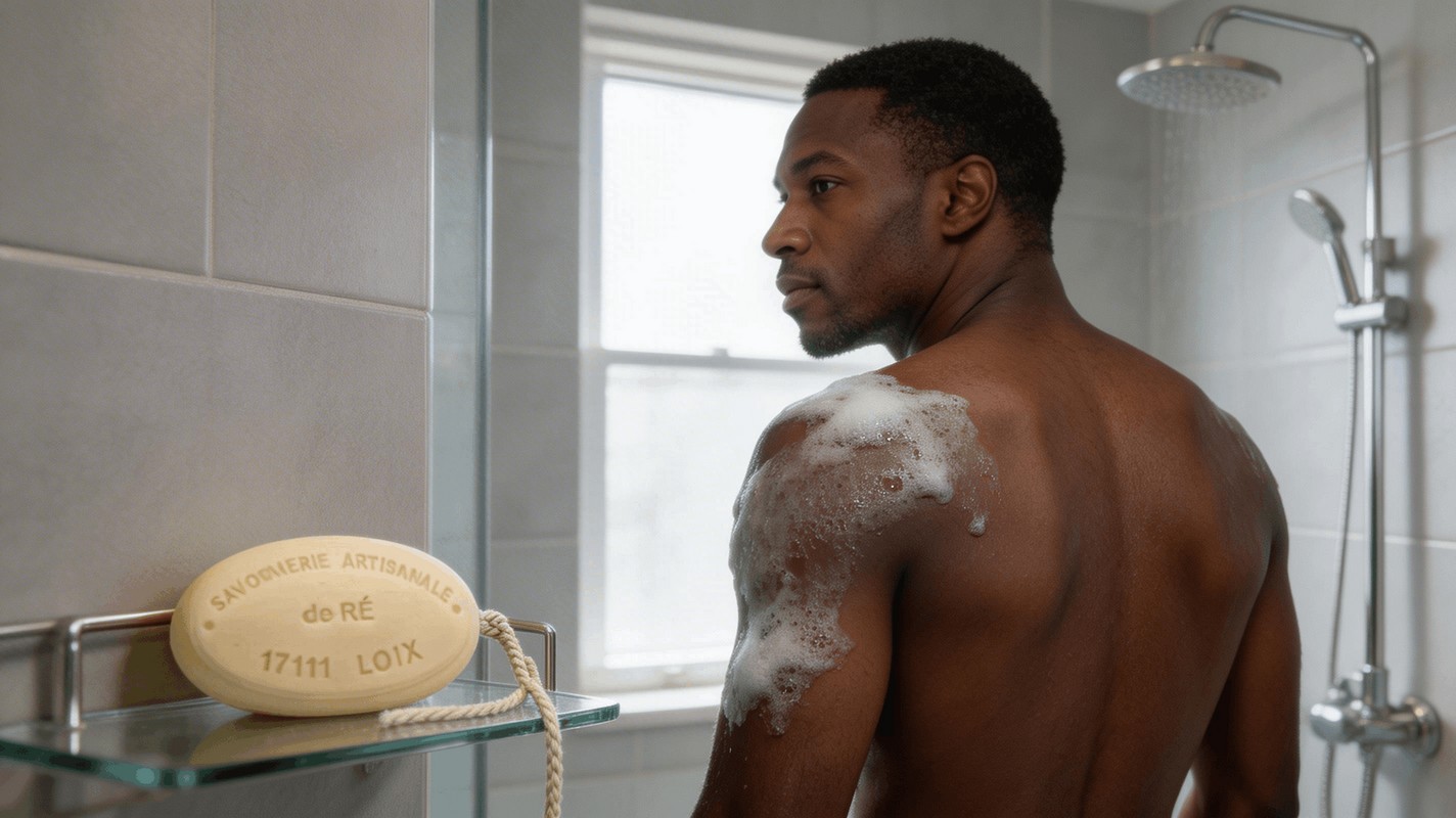 Homme dos mousse savon lait de chevre douche moderne